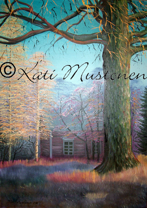 Kertun mökki iltahämärässä, Kati Mustosen öljyvärimaalaus Kolhosta vuodelta 2011.