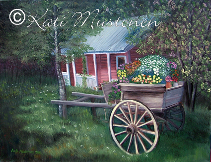 Haikan kukkakärry, Kati Mustosen öljyvärimaalaus vuodelta 2011, Vilppulasta, Haikan kylältä.