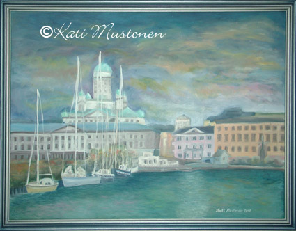 Kauppatorin ranta, Kati Mustosen öljyvärimaalaus vuodelta 2009. Aihe Helsingin kauppatorin ranta.