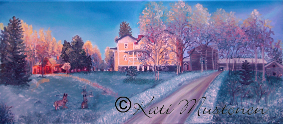 Kuuraa ja auringonpaistetta, Kati Mustosen öljyvärimaalaus Kolhon talosta, Kolhosta vuodelta 2010.