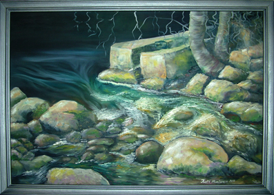 Sivujuoksu, Kati Mustosen öljyvärimaalaus vuodelta 2011. Aihe Vilppulankoskesta yksityiskohta.